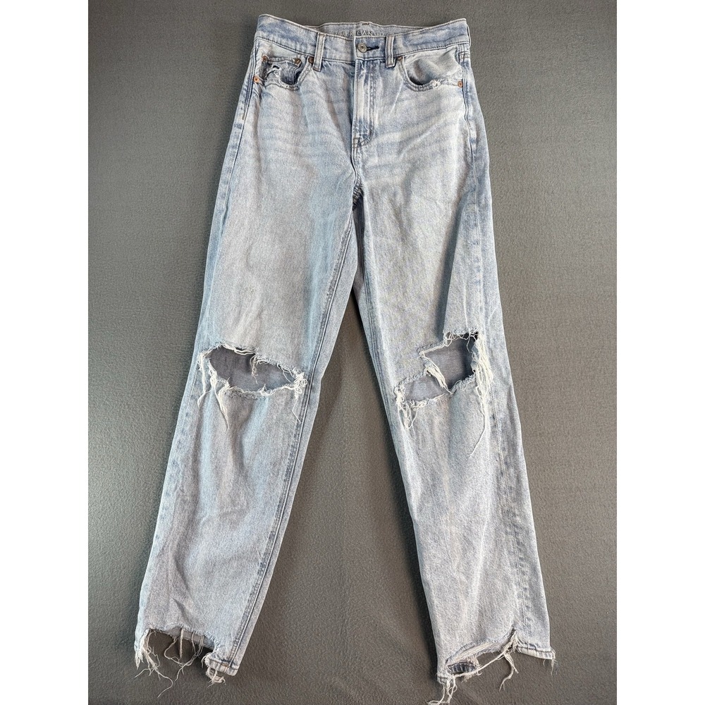American Eagle Hi-Rise Baggy Straight Jeans Womens 4 Tall Light Blue Distressed